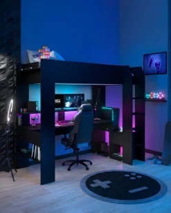 Cama alta gamer ONLINE com LED e secretária