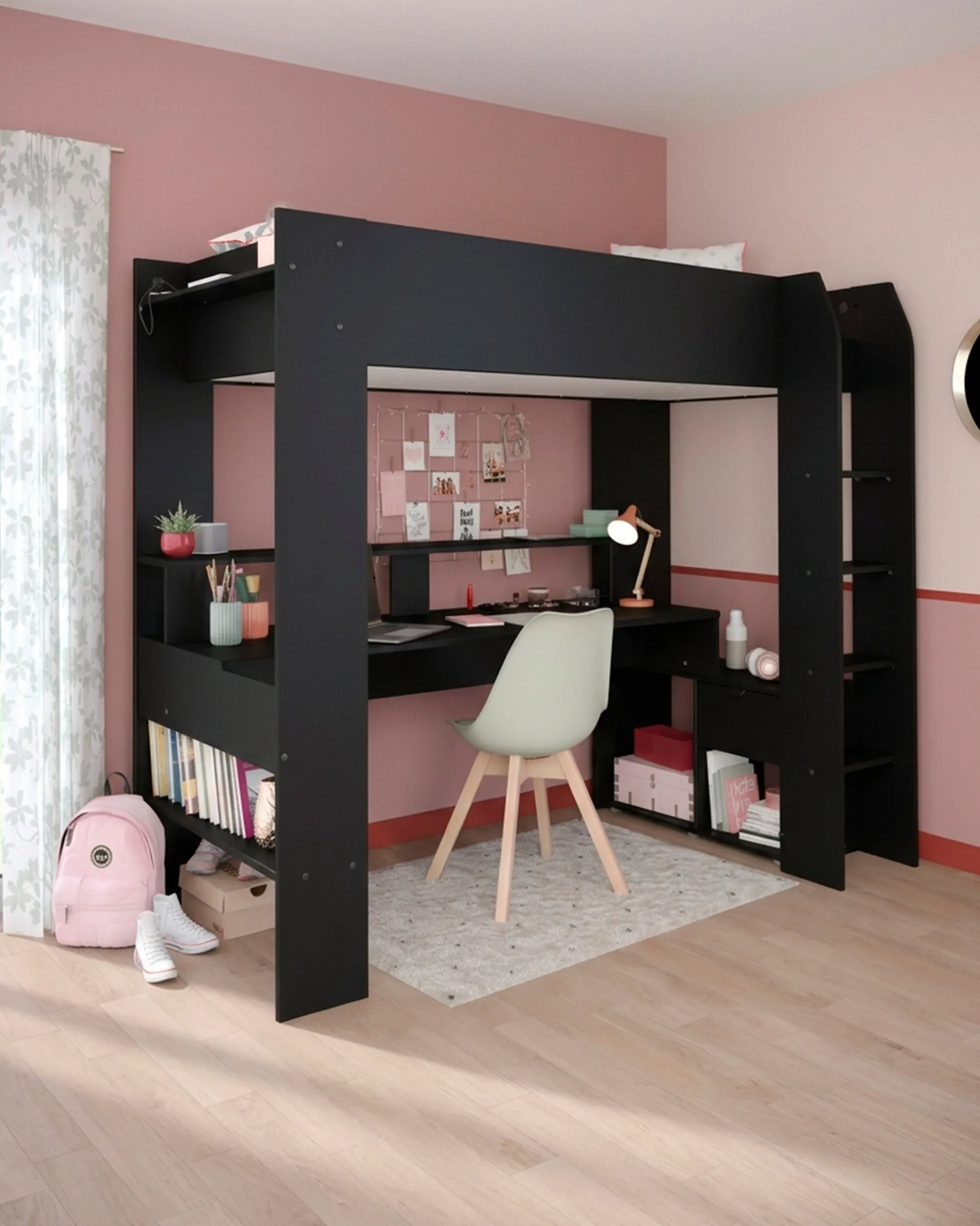 Cama alta gamer ONLINE com LED e secretária