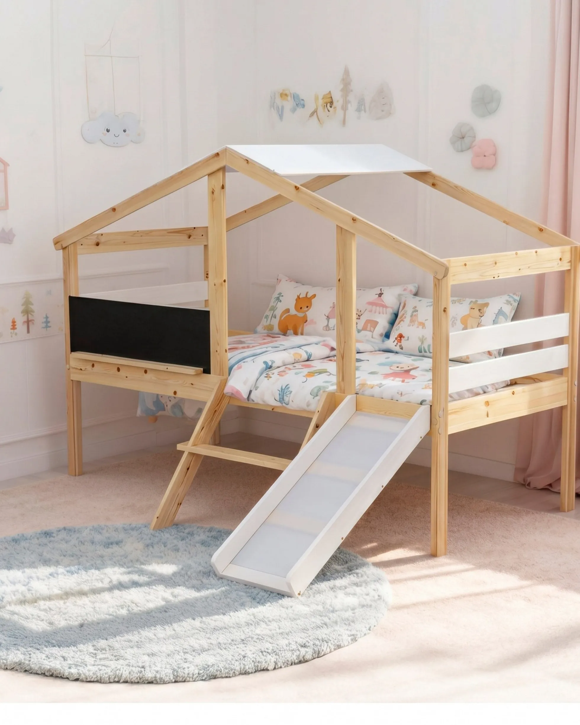 Cama alta infantil SLIDER com escorrega e quadro de lousa