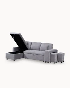 Sofá chaise longue reversível TOPAZIO com cama, baú e puffs