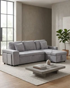 Sofá chaise longue reversível TOPAZIO com cama, baú e puffs
