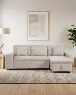 Sofá chaise longue reversível TOPAZIO com cama, baú e puffs