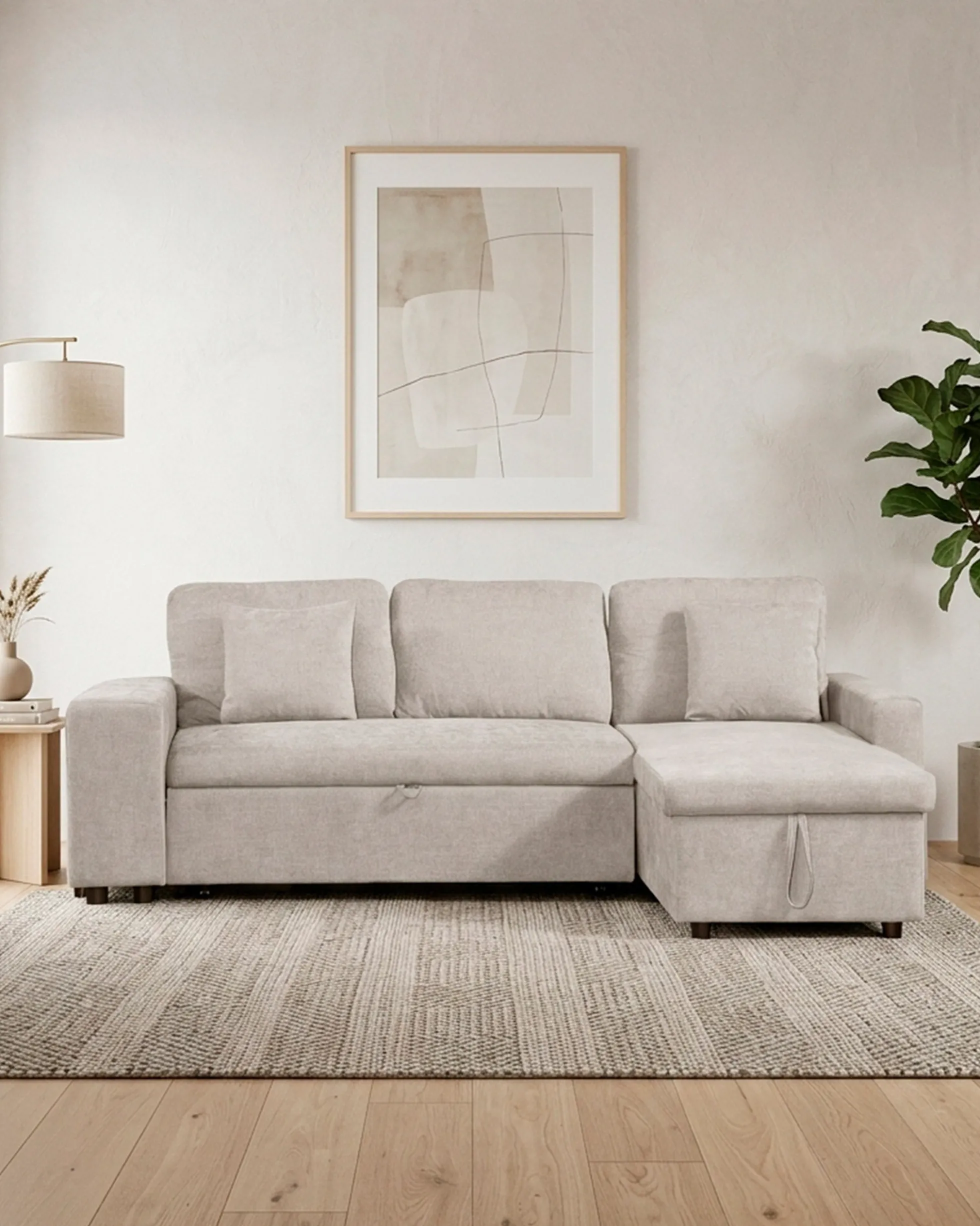 Sofá chaise longue reversível TOPAZIO com cama, baú e puffs
