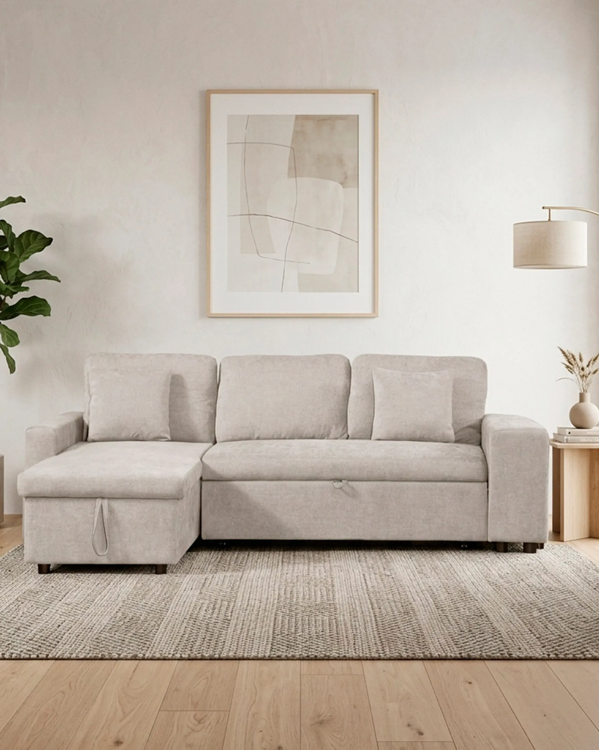 Sofá chaise longue reversível TOPAZIO com cama, baú e puffs