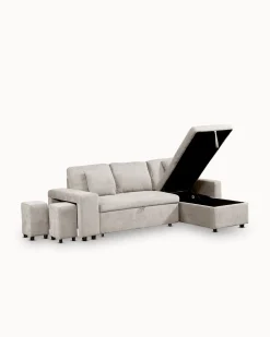 Sofá chaise longue reversível TOPAZIO com cama, baú e puffs