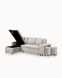 Sofá chaise longue reversível TOPAZIO com cama, baú e puffs