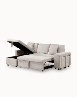 Sofá chaise longue reversível TOPAZIO com cama, baú e puffs