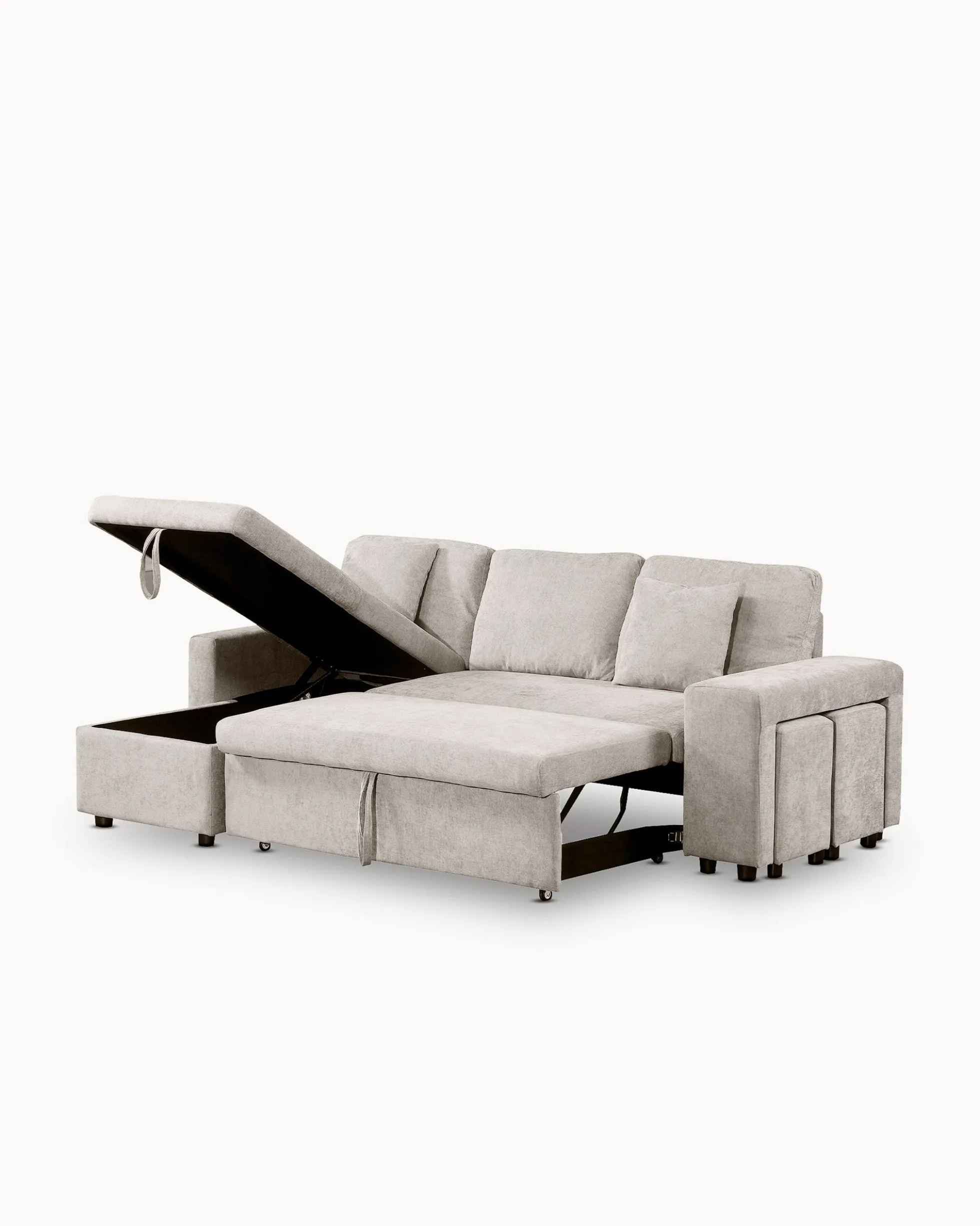 Sofá chaise longue reversível TOPAZIO com cama, baú e puffs