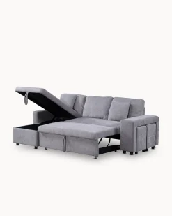 Sofá chaise longue reversível TOPAZIO com cama, baú e puffs