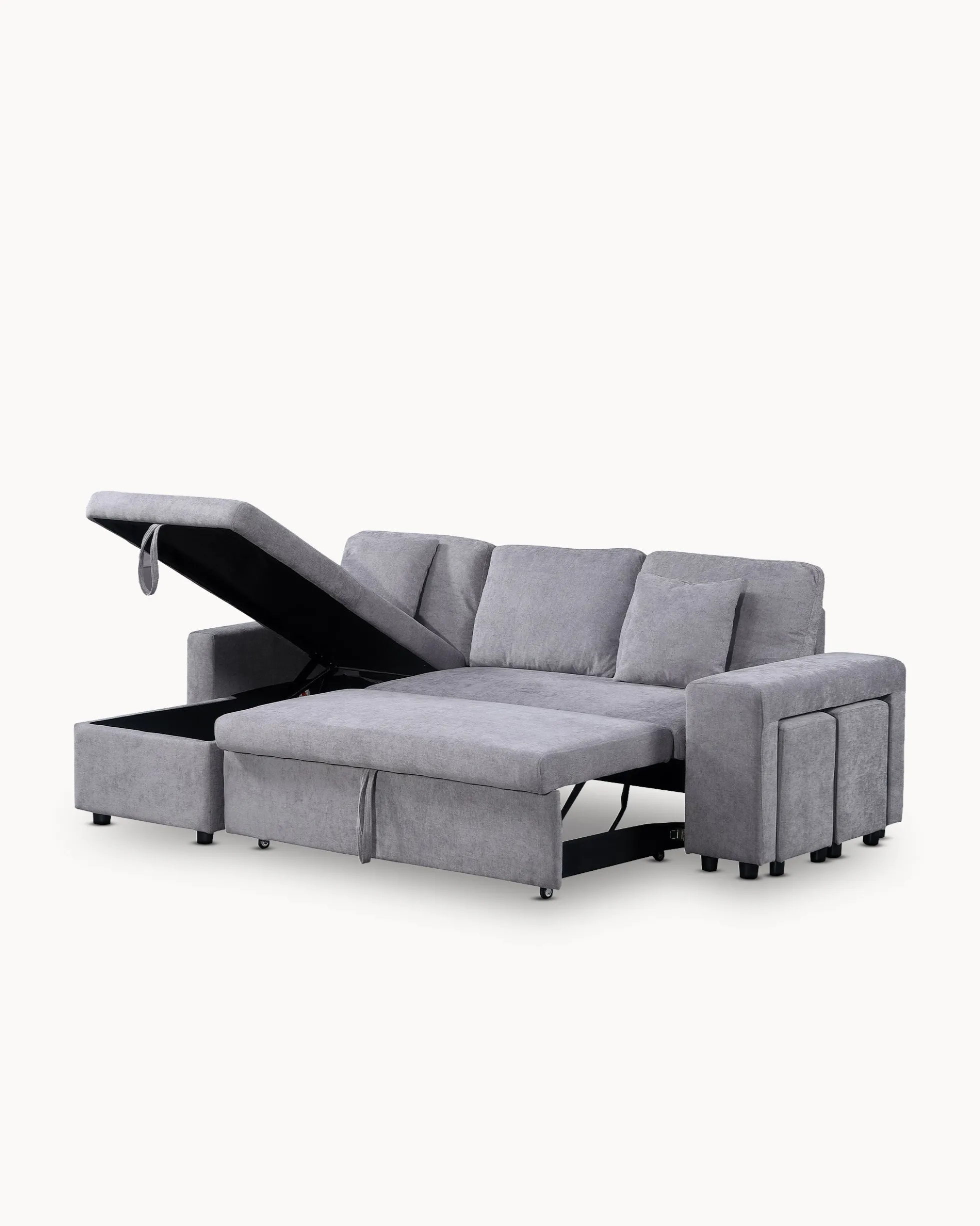 Sofá chaise longue reversível TOPAZIO com cama, baú e puffs