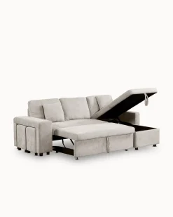 Sofá chaise longue reversível TOPAZIO com cama, baú e puffs
