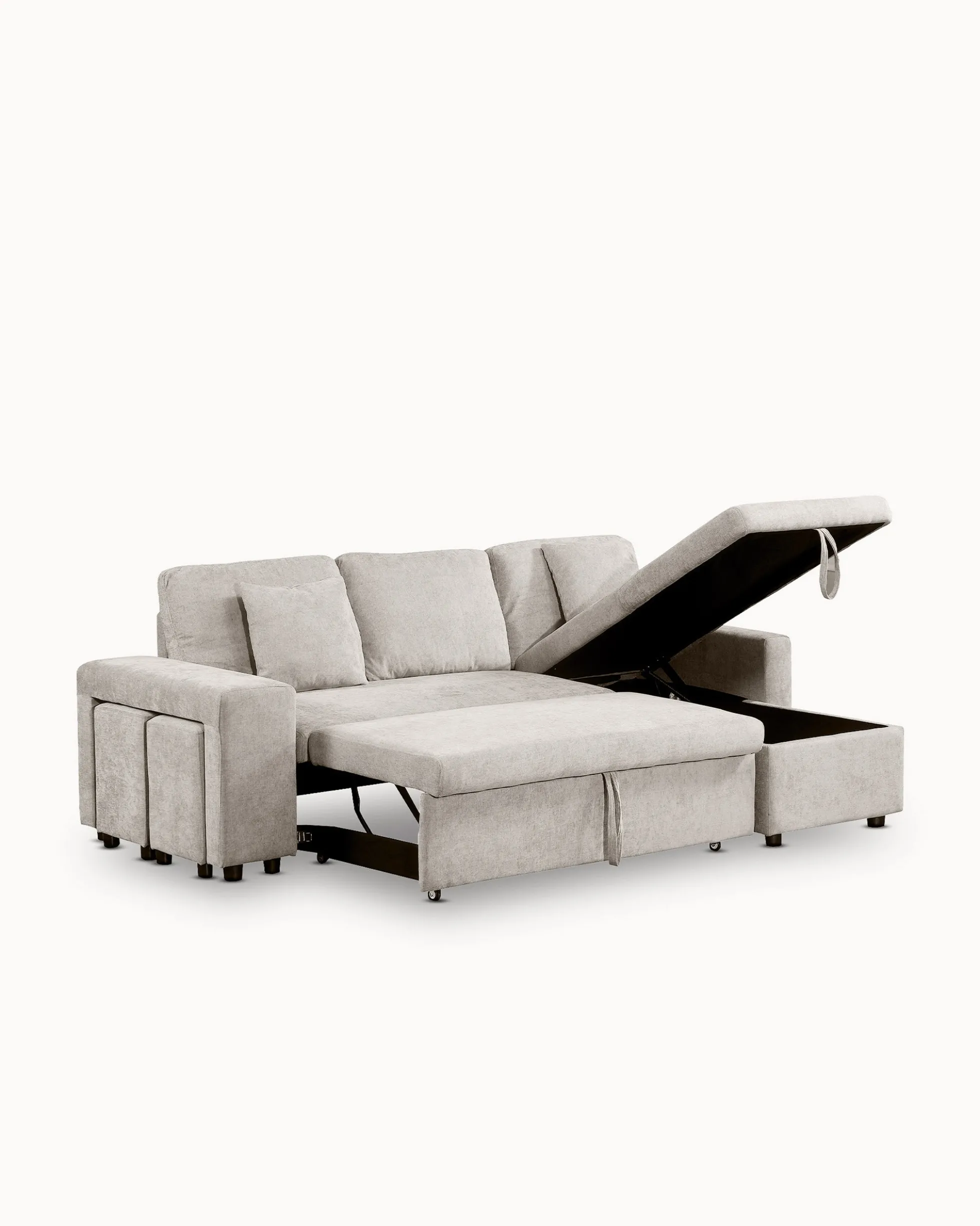 Sofá chaise longue reversível TOPAZIO com cama, baú e puffs