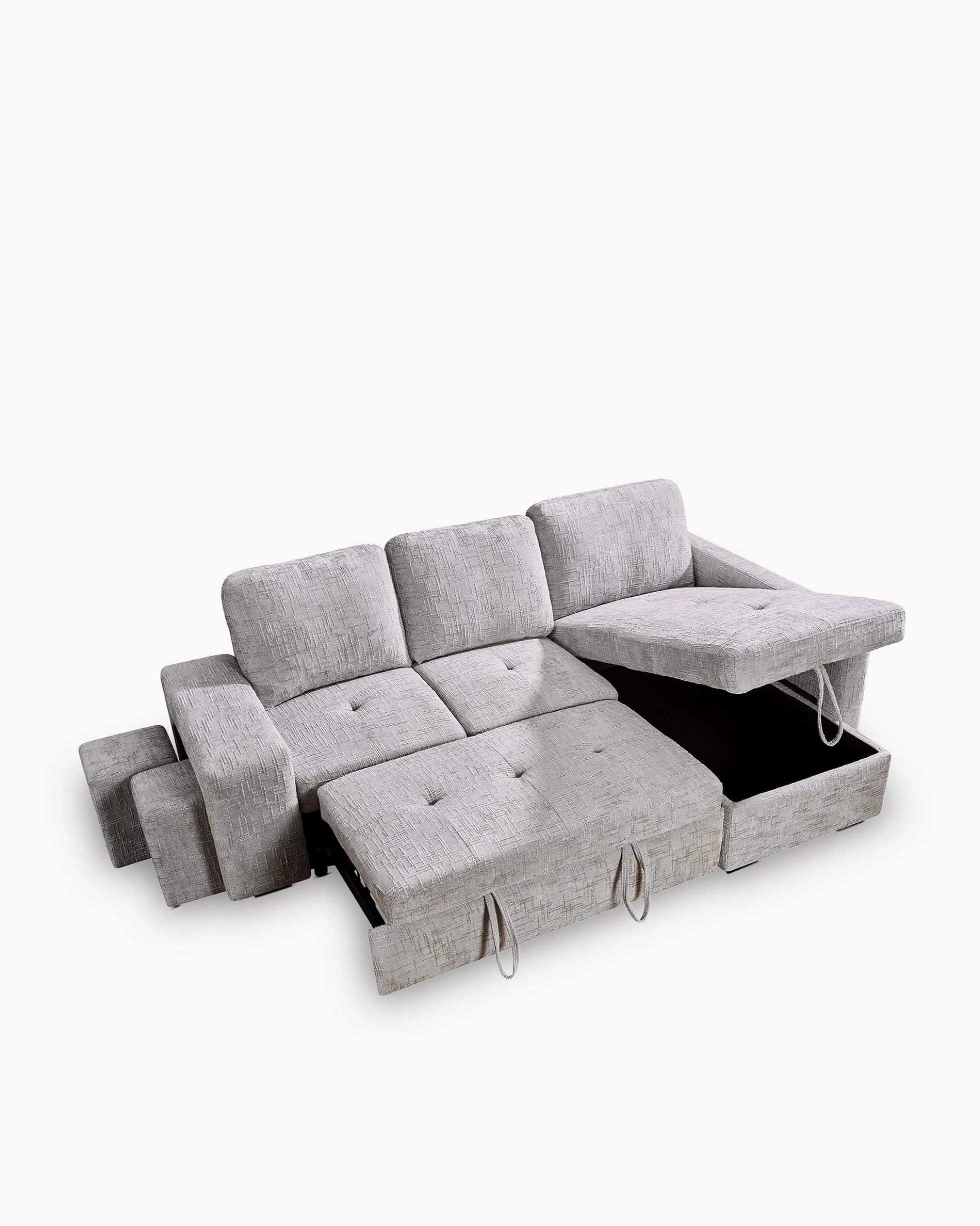 Sofá chaise longue STACY II com cama, baú e puffs