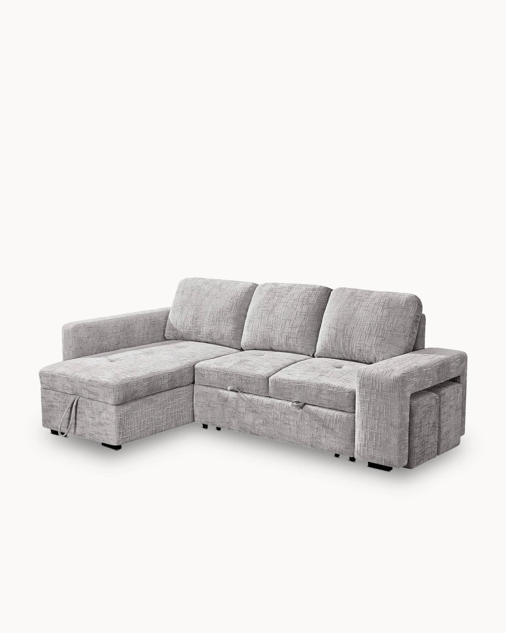 Sofá chaise longue STACY II com cama, baú e puffs