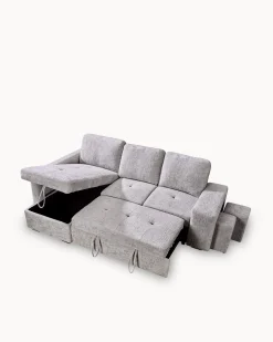 Sofá chaise longue STACY II com cama, baú e puffs