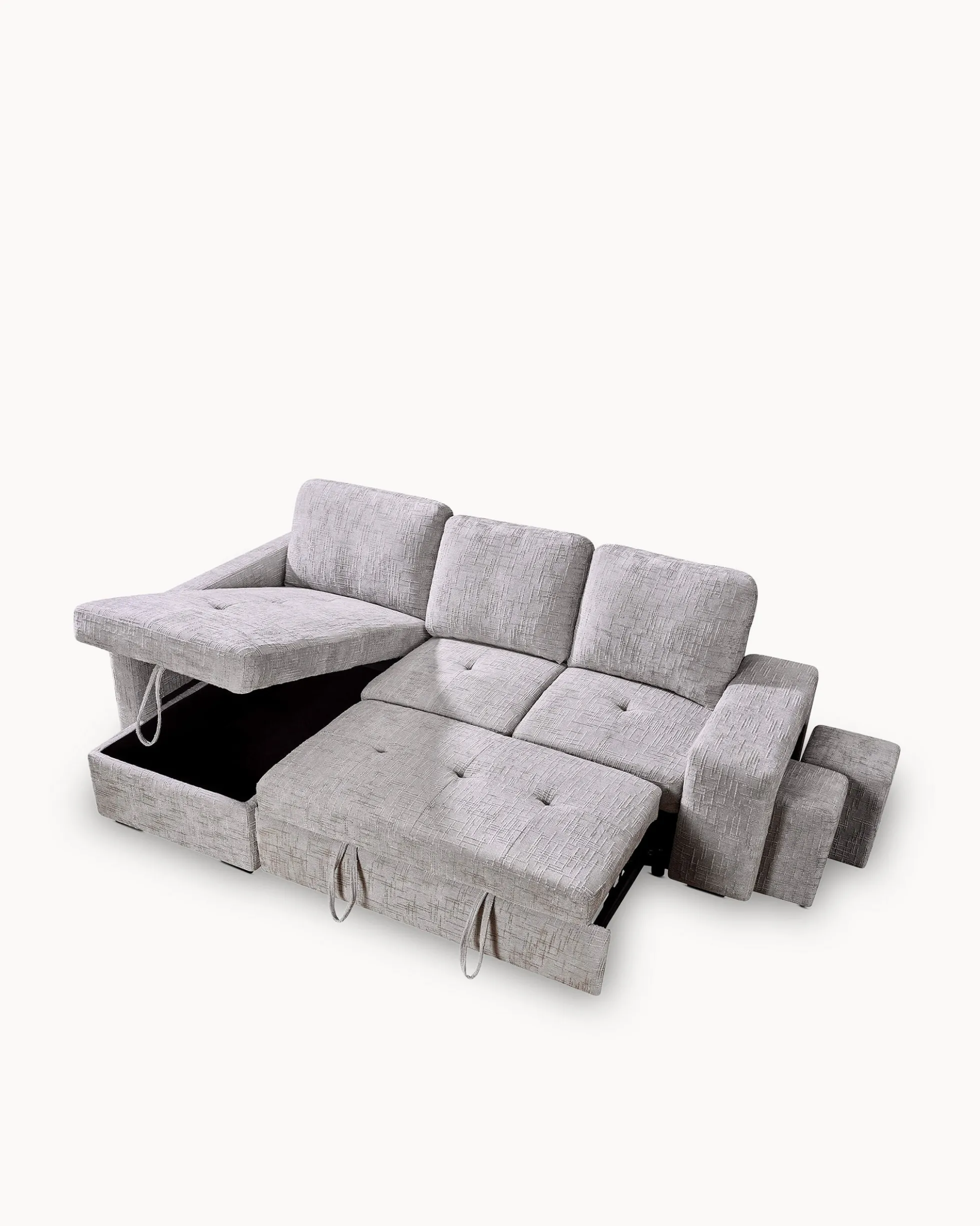 Sofá chaise longue STACY II com cama, baú e puffs