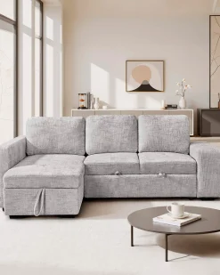 Sofá chaise longue STACY II com cama, baú e puffs