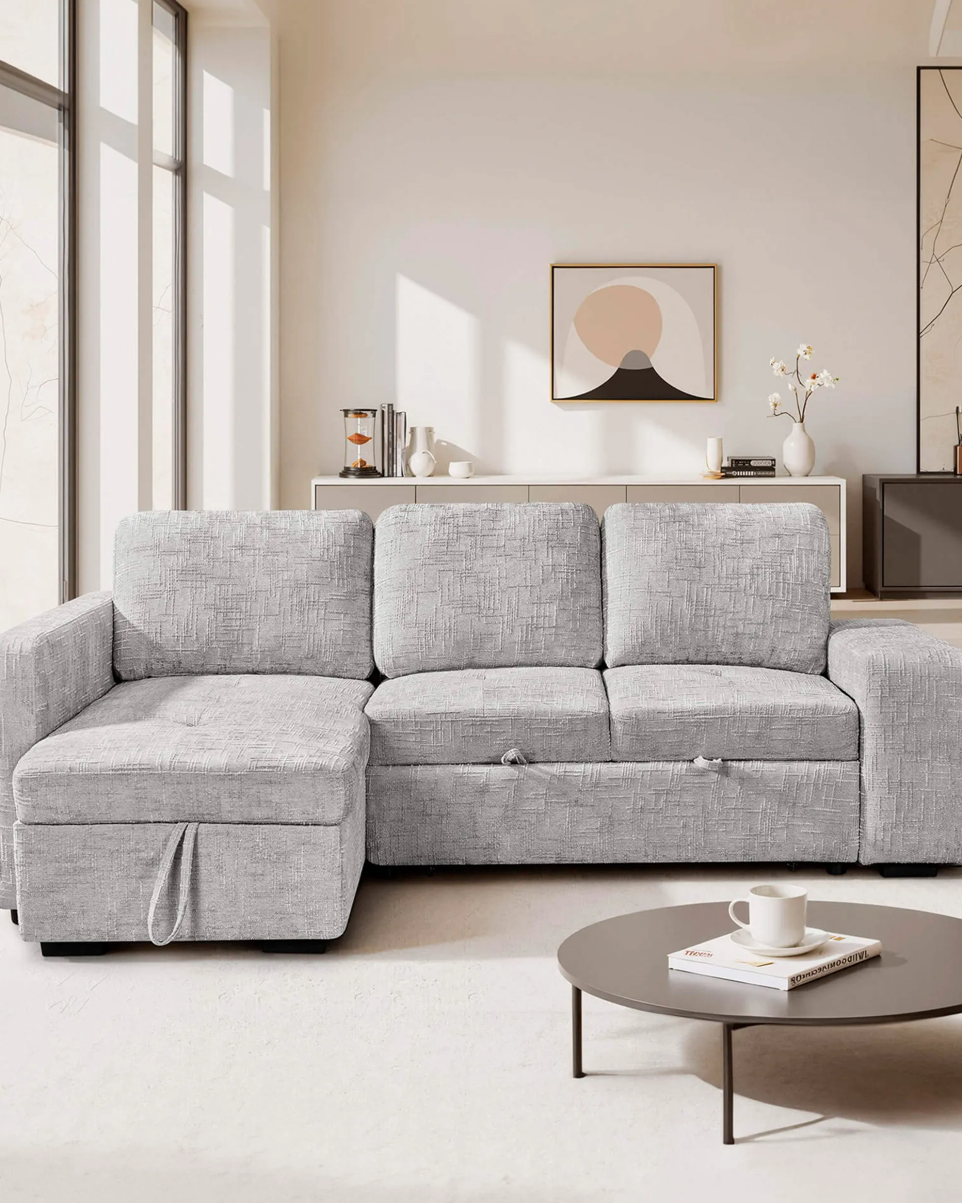 Sofá chaise longue STACY II com cama, baú e puffs
