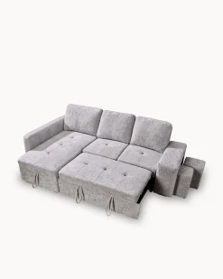 Sofá chaise longue STACY II com cama, baú e puffs