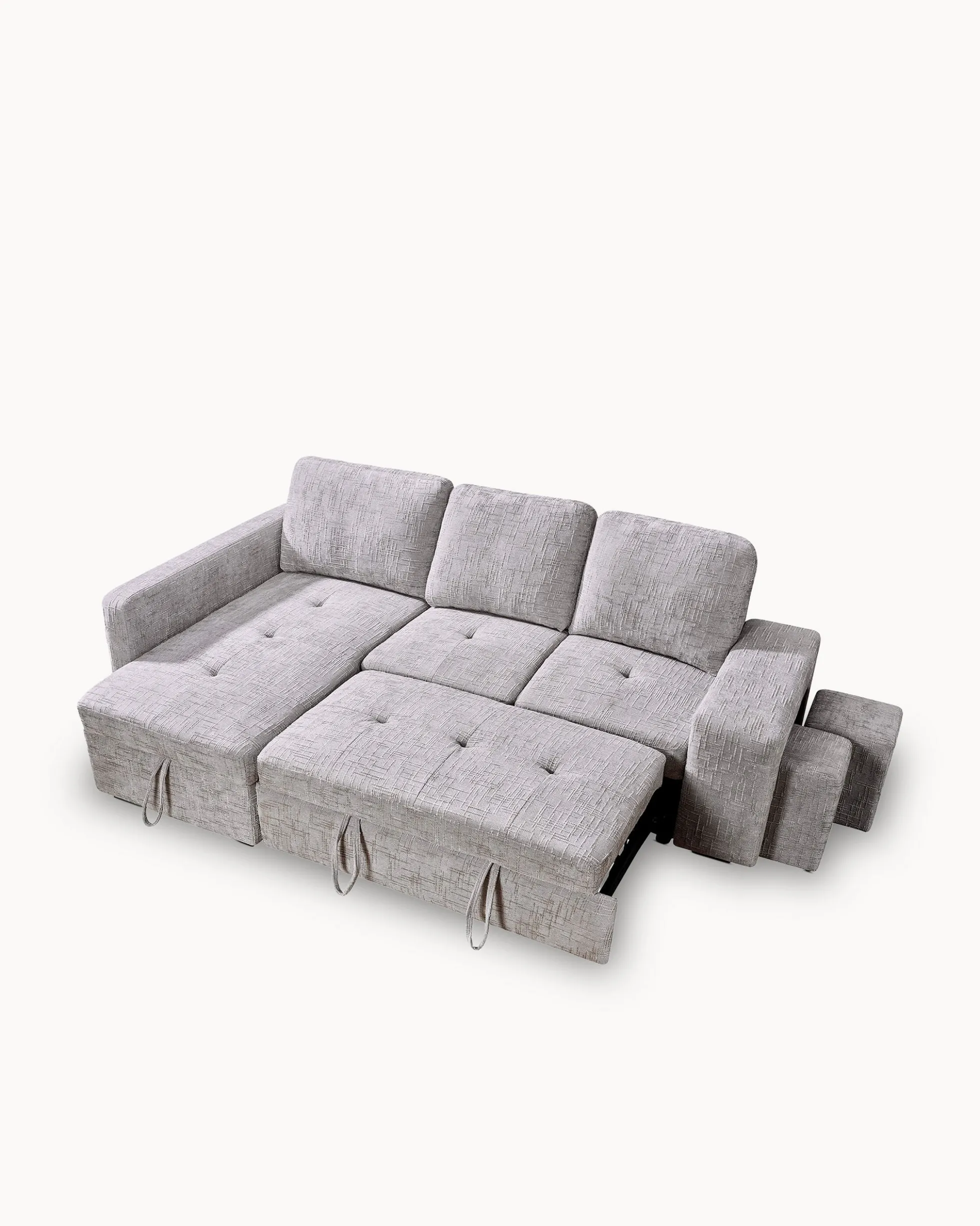 Sofá chaise longue STACY II com cama, baú e puffs