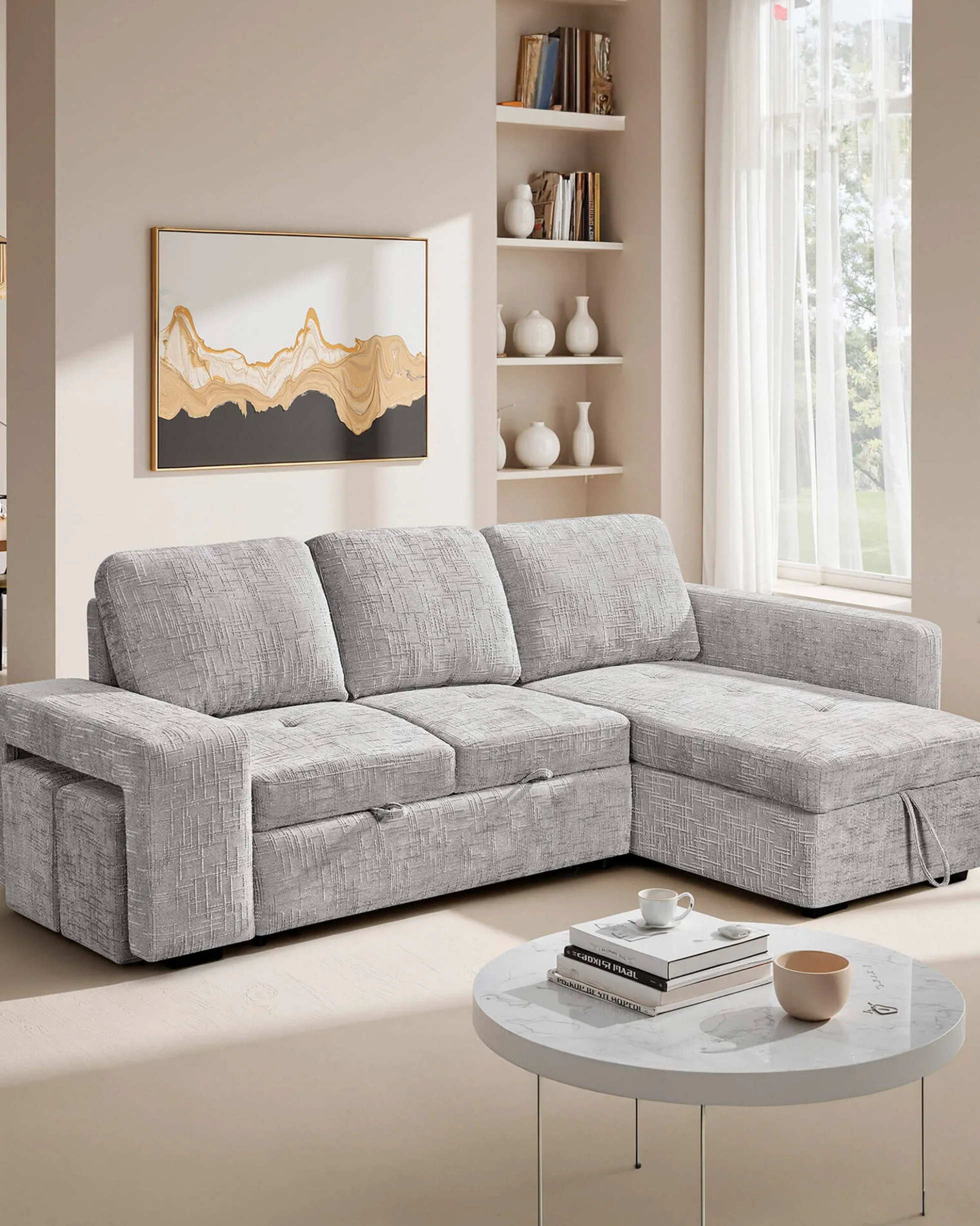 Sofá chaise longue STACY II com cama, baú e puffs
