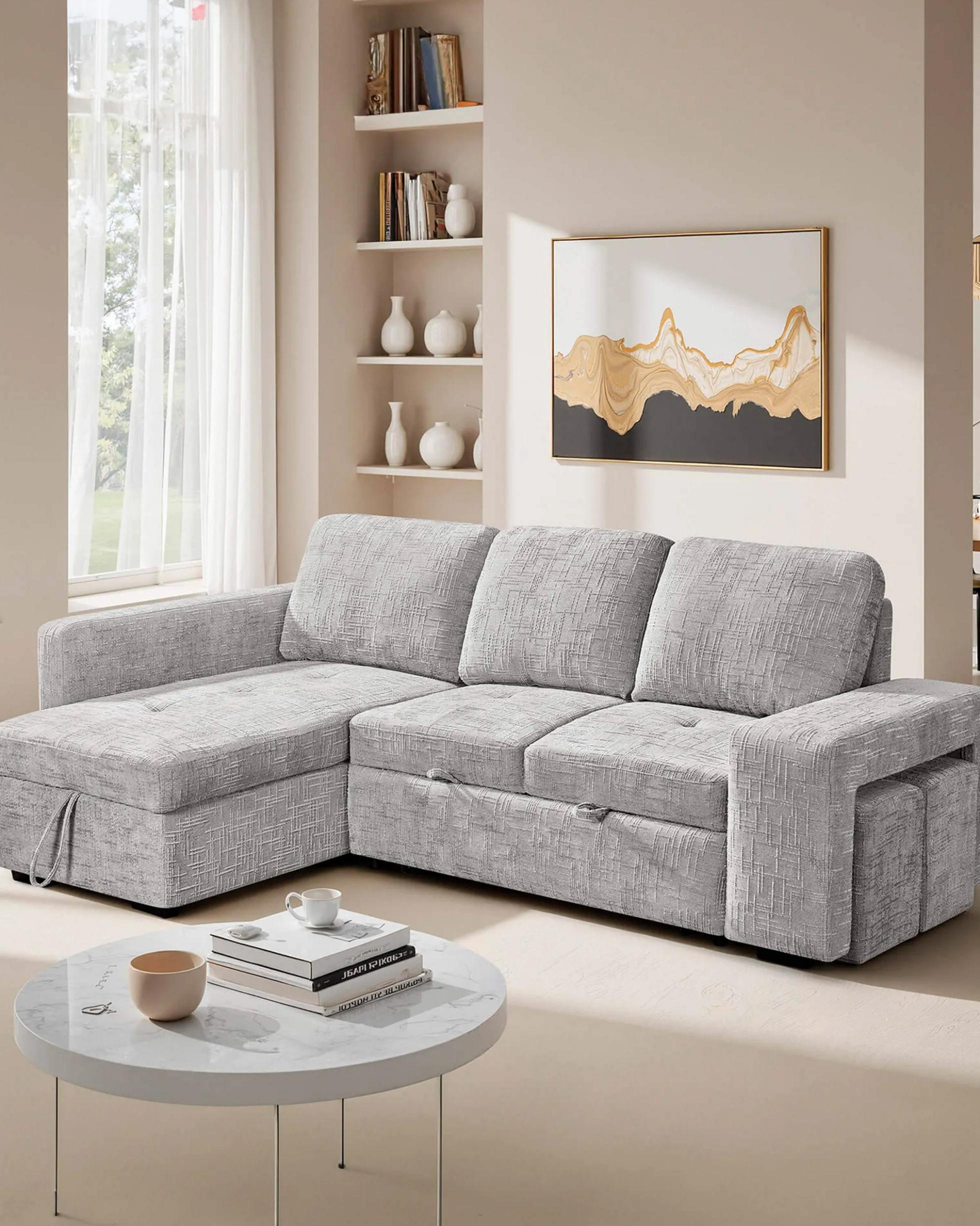 Sofá chaise longue STACY II com cama, baú e puffs