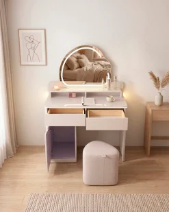 Toucador NAMI com espelho com iluminação LED e puff